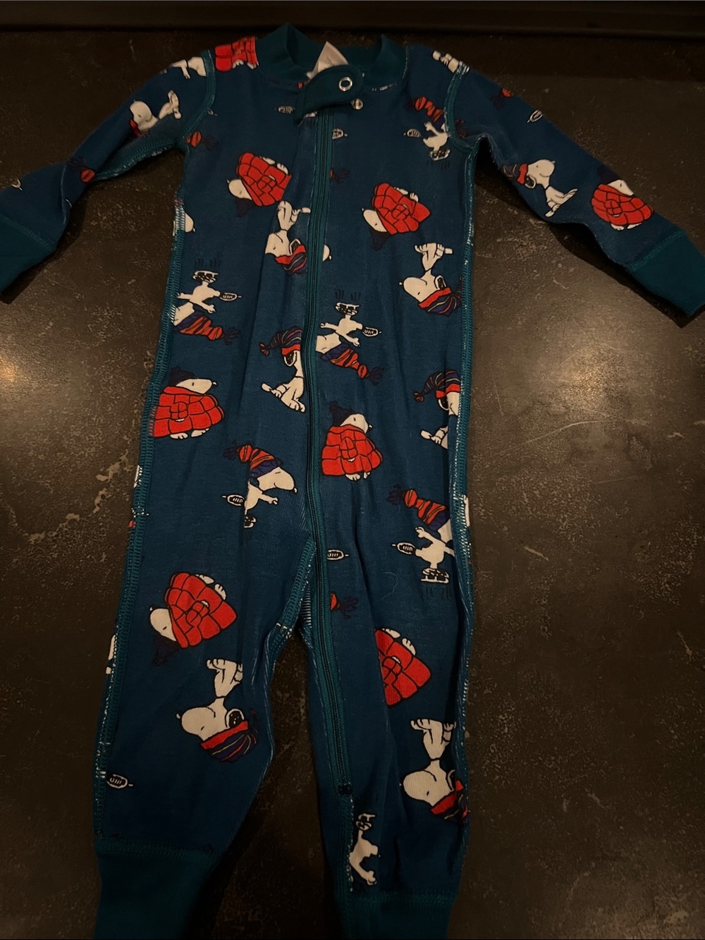 Hanna Andersson Teal Blue Snoopy & Red Igloo Print One-Piece